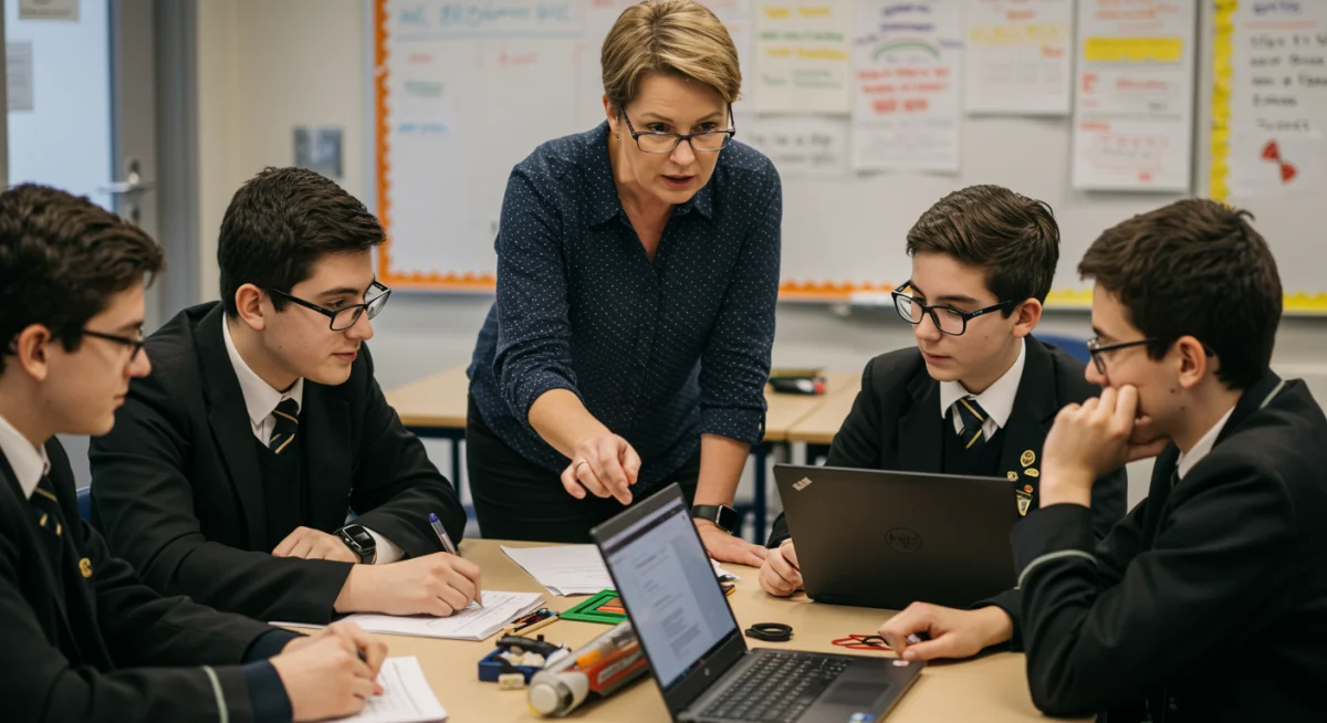 Profesor guiando a estudiantes en un proyecto de aprendizaje basado en competencias, clave para la educación futura.