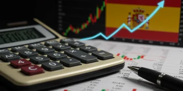 Calculadora con gráfica ascendente y bandera española, representando el impacto del Euríbor en hipotecas.