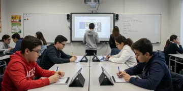 Estudiantes españoles colaborando en un aula moderna, simbolizando la evolución de la educación obligatoria en España.