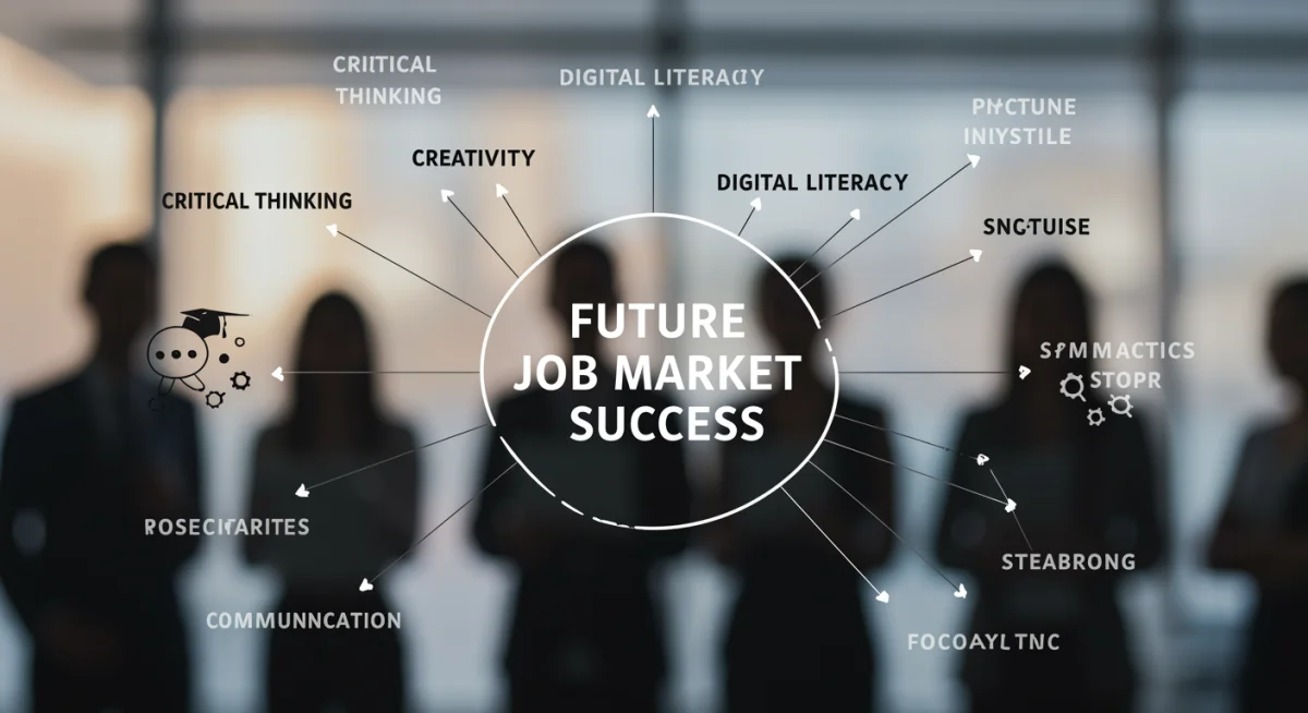 Infografía de habilidades clave para el éxito en el futuro mercado laboral, interconectadas y esenciales para los estudiantes.