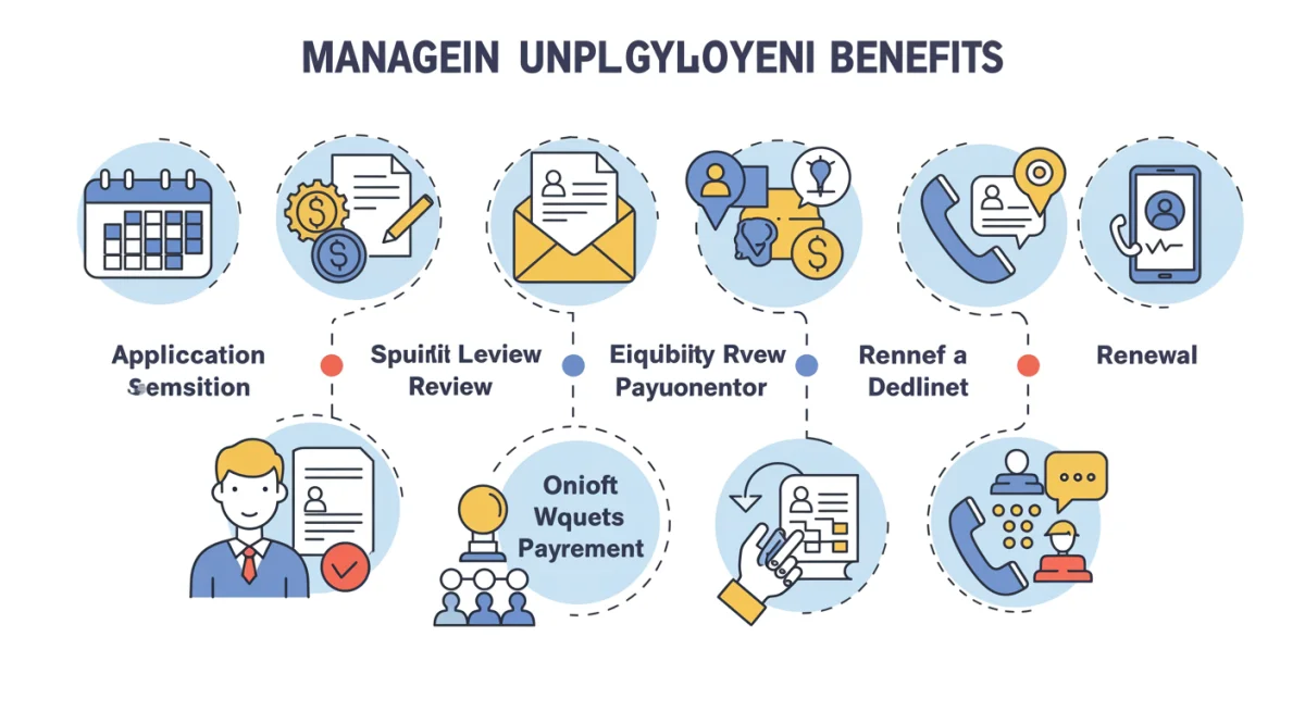 Infografía con pasos clave para gestionar las prestaciones por desempleo en 2025.