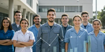 Jóvenes diversos con uniformes de trabajo celebrando el éxito de la Formación Profesional en España.
