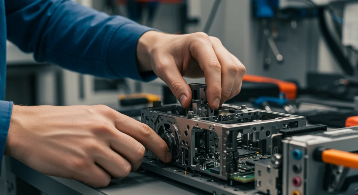 Manos trabajando en maquinaria avanzada, representando la formación práctica en la FP.
