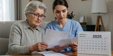 Mujer mayor y cuidadora revisando documentos sobre ayudas a la dependencia en España para 2025