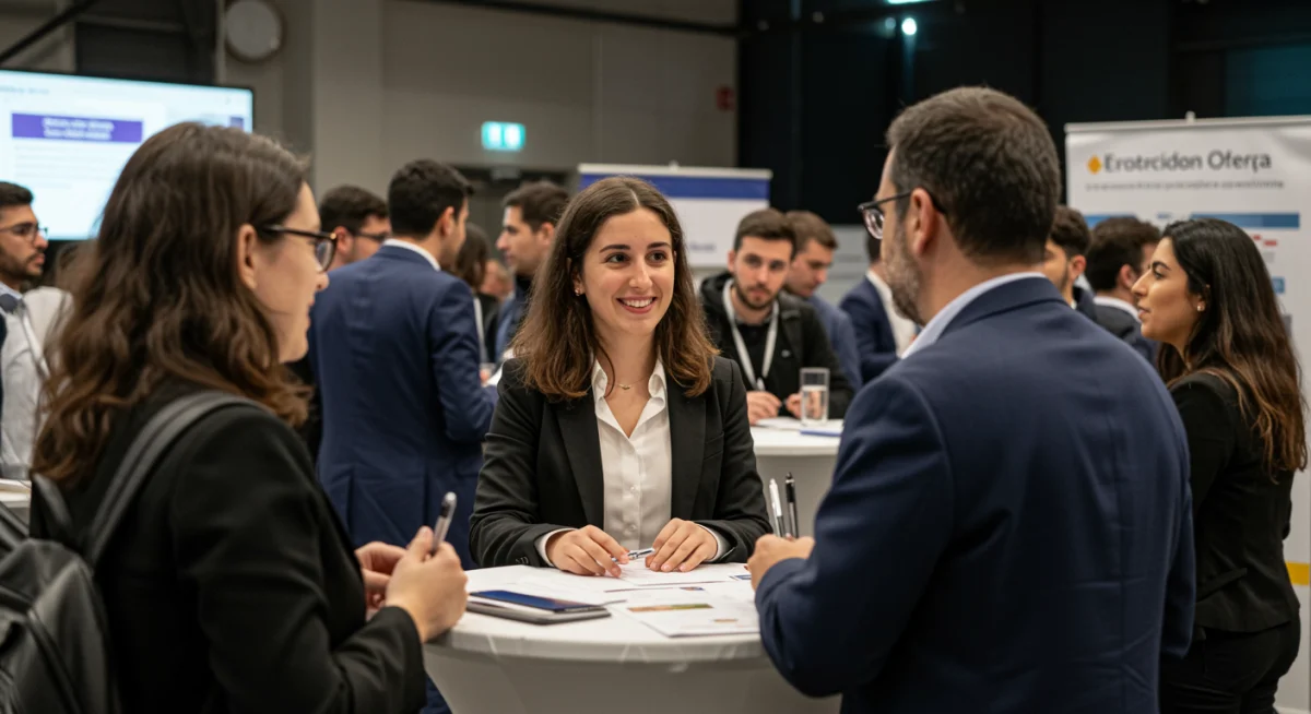 Graduados de FP interactuando con reclutadores en un evento de networking, simbolizando la inserción laboral.