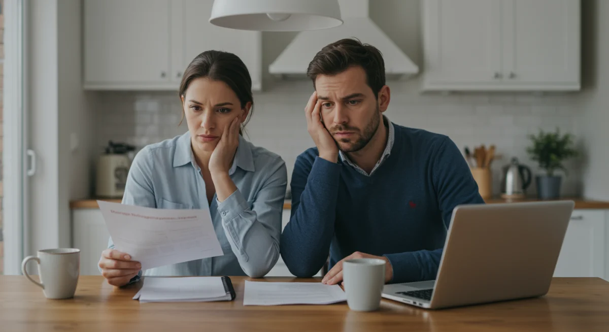 Pareja preocupada revisando documentos de hipoteca en un hogar español.