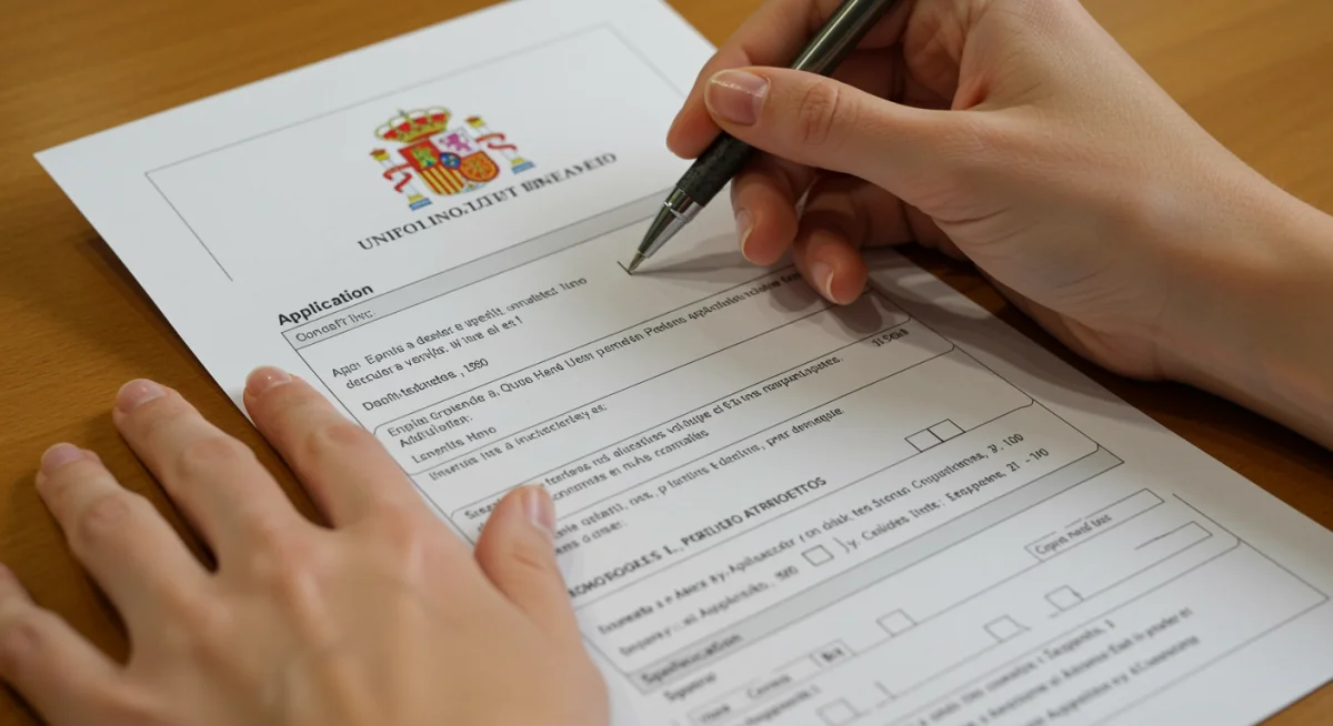 Manos rellenando formulario de solicitud de prestación por desempleo en España.