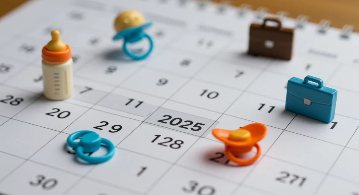 Calendario 2025 destacando fechas importantes para permisos de maternidad y paternidad.