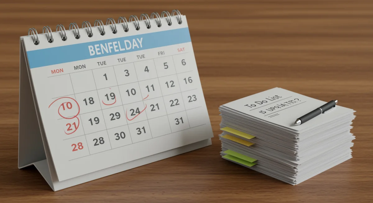 Calendario con fechas importantes y documentos organizados para trámites de pensiones.