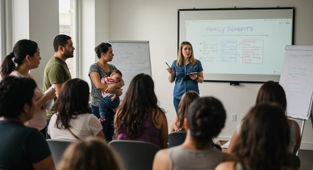 Grupo de padres en una charla informativa sobre ayudas y bonificaciones familiares.
