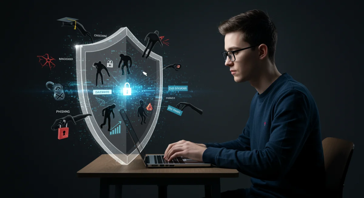 Representación visual de la ciberseguridad protegiendo a un estudiante en línea.