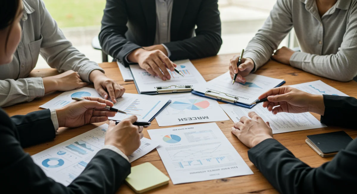 Grupo de personas discutiendo planes financieros y estrategias de ahorro.
