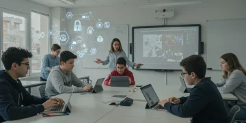 Estudiantes utilizando herramientas digitales en un aula moderna española, con énfasis en la ciberseguridad educativa.