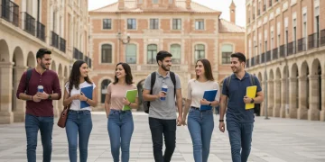 Estudiantes internacionales en un campus universitario español, simbolizando la movilidad estudiantil y las becas Erasmus+.