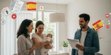 Familia feliz con bebé, simbolizando los beneficios de maternidad y paternidad en España para 2025.