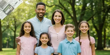 Familia numerosa feliz en un parque, simbolizando los beneficios fiscales y el ahorro económico.