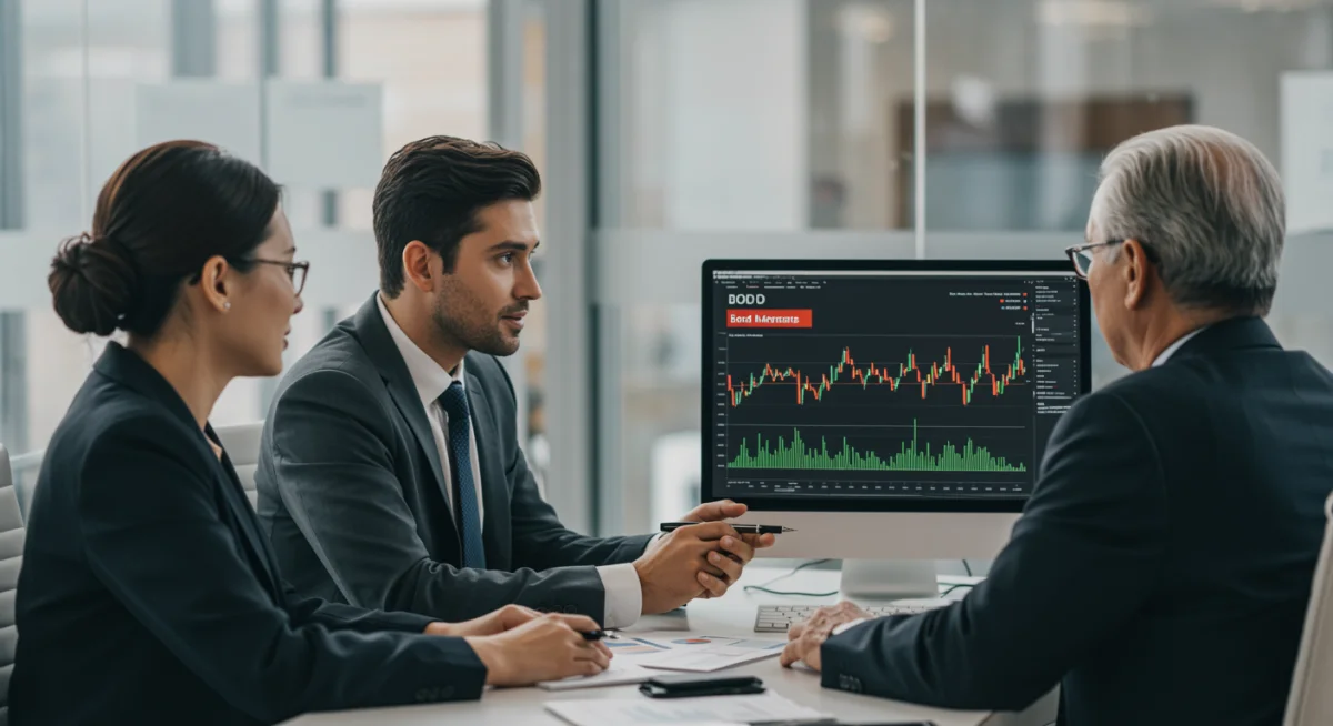 Grupo de inversores de diferentes edades analizando estrategias de inversión en bonos del Estado.