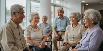Personas mayores felices en un centro social, símbolo de apoyo y bienestar en pensiones no contributivas.