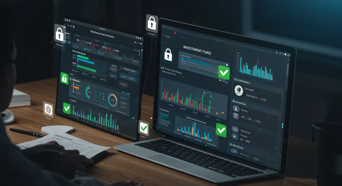 Plataforma digital segura mostrando carteras de fondos de inversión con indicadores de cumplimiento normativo y seguridad.