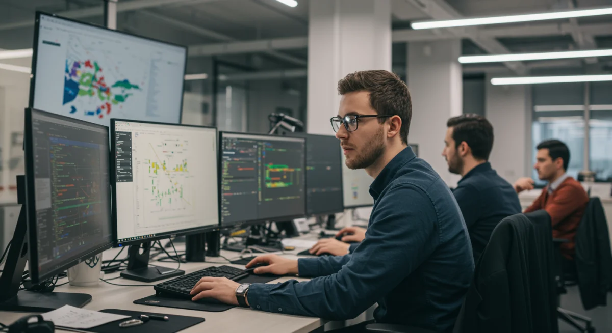 Profesional joven trabajando en un entorno tecnológico moderno
