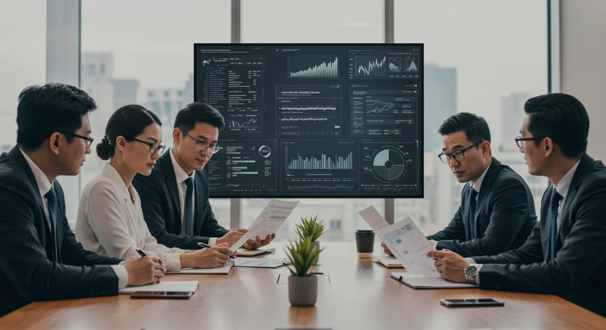 Equipo de profesionales financieros analizando documentos y datos sobre nuevas regulaciones en una sala de reuniones.