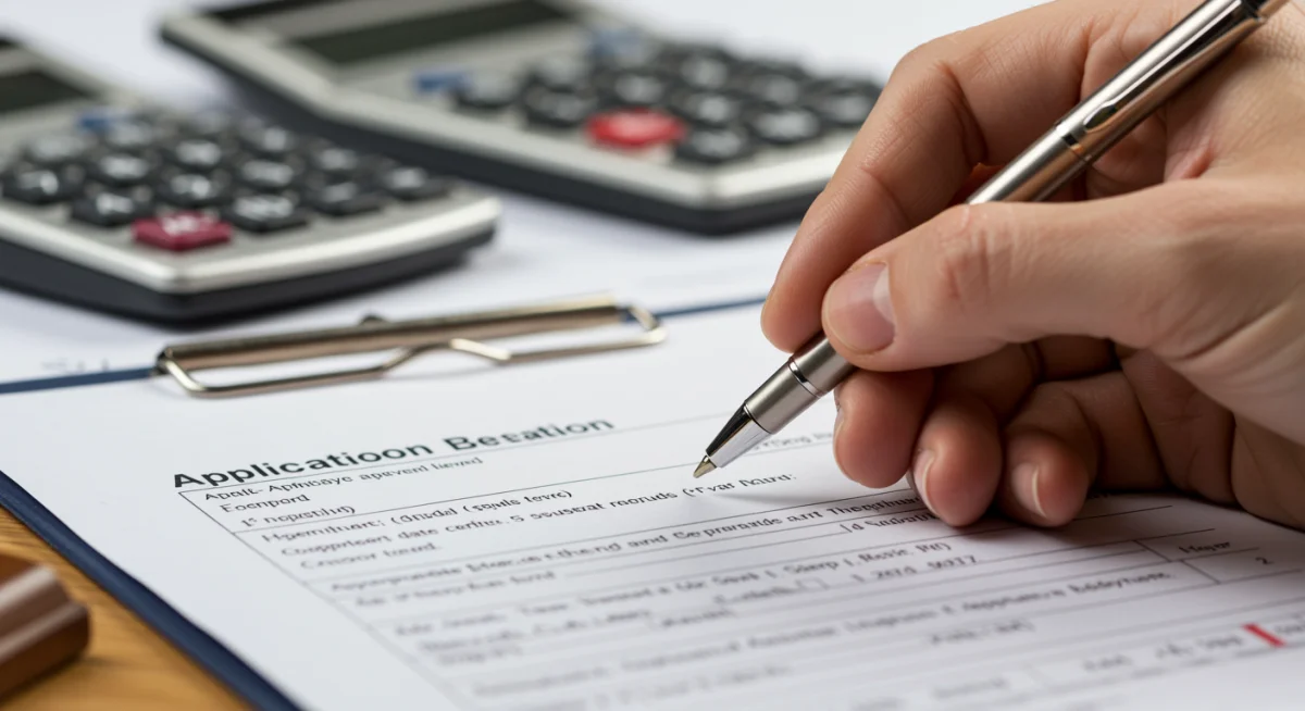 Mano rellenando formulario de solicitud para pensión no contributiva.