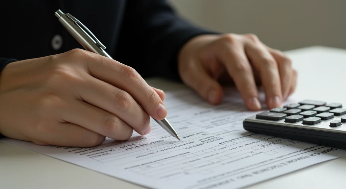 Manos rellenando formulario de solicitud de subsidio para mayores de 52 años.