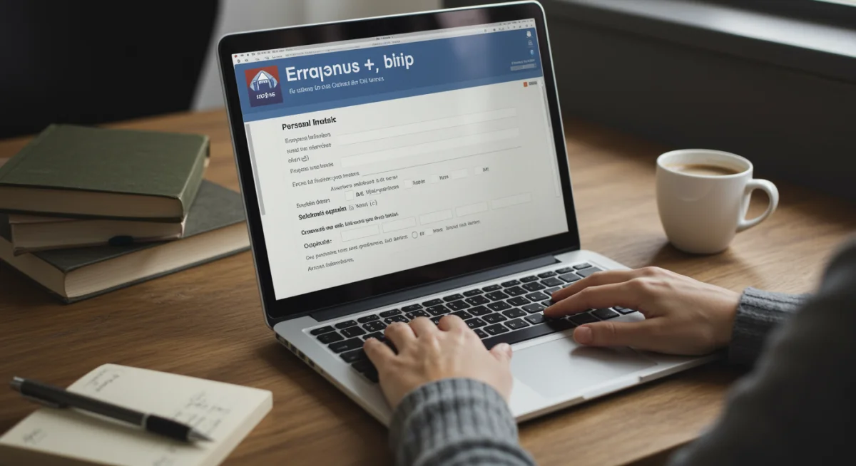 Estudiante rellenando una solicitud online para una beca Erasmus+ en España.