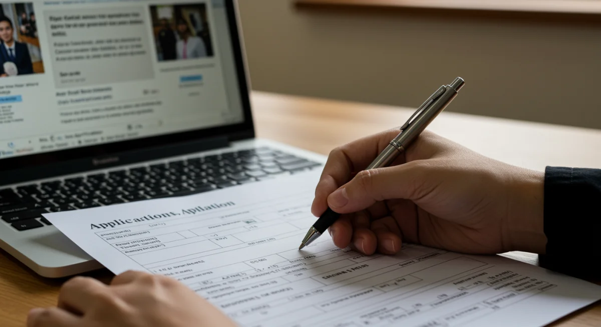 Persona rellenando formularios de solicitud para prestaciones de maternidad y paternidad.