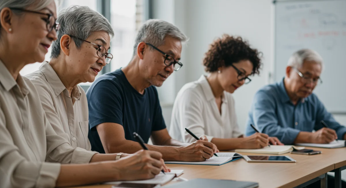 Grupo de personas mayores participando en taller de búsqueda de empleo.