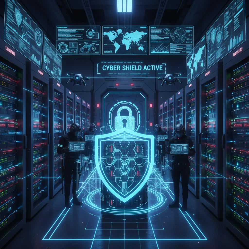 Centro de datos moderno con servidores y medidas de ciberseguridad avanzadas.