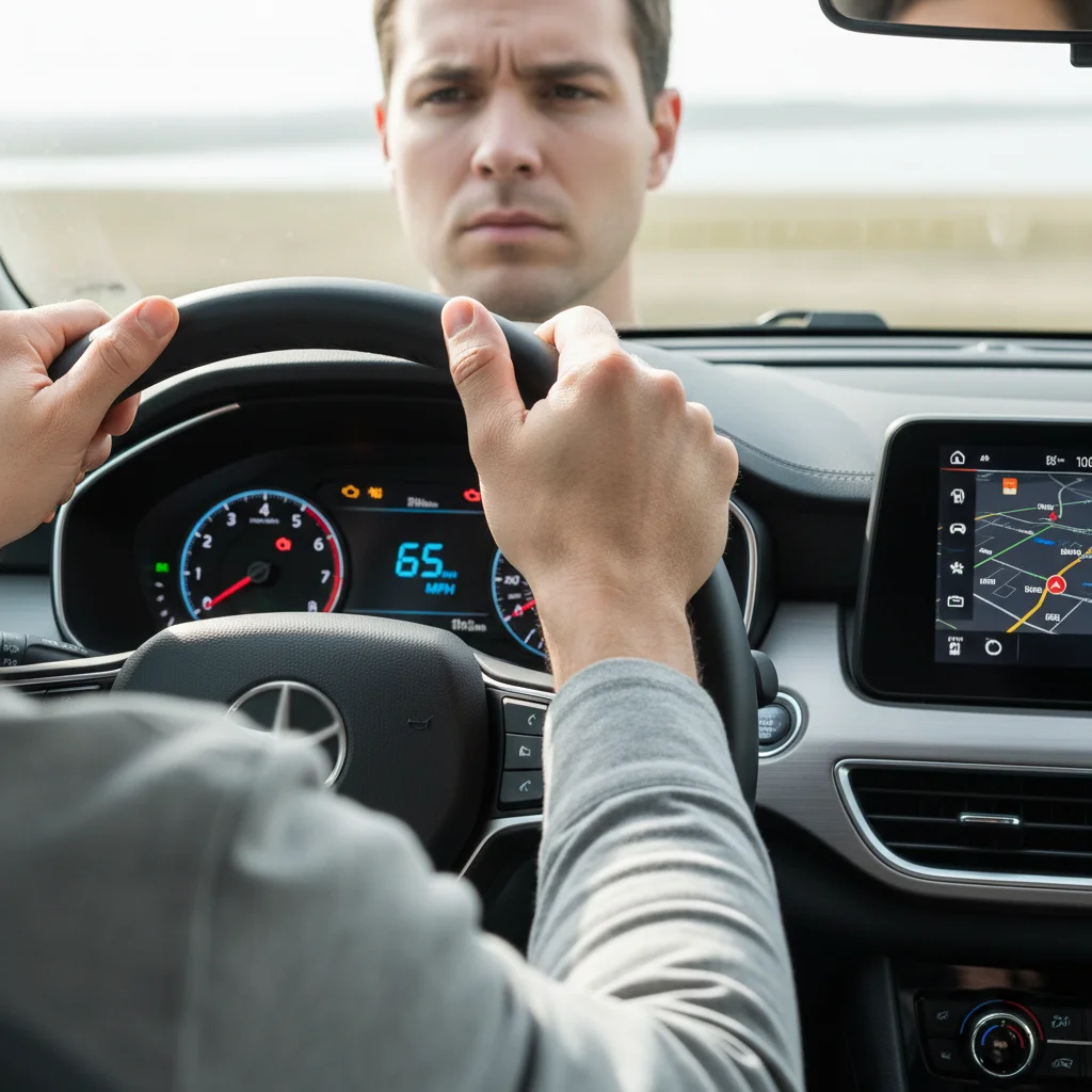 Manos de conductor sujetando el volante con panel de control moderno, representando la concienciación sobre las nuevas multas de tráfico.