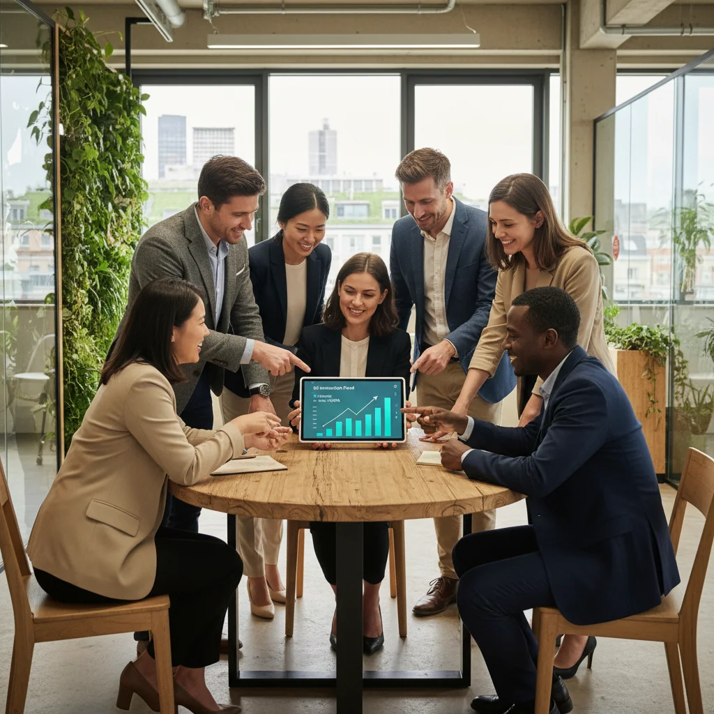Profesionales colaborando en un entorno moderno, simbolizando la creación de empleo y la innovación impulsada por los fondos europeos.