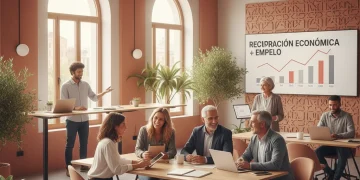 Grupo diverso de profesionales trabajando felizmente en una oficina moderna en España, simbolizando la recuperación del empleo.