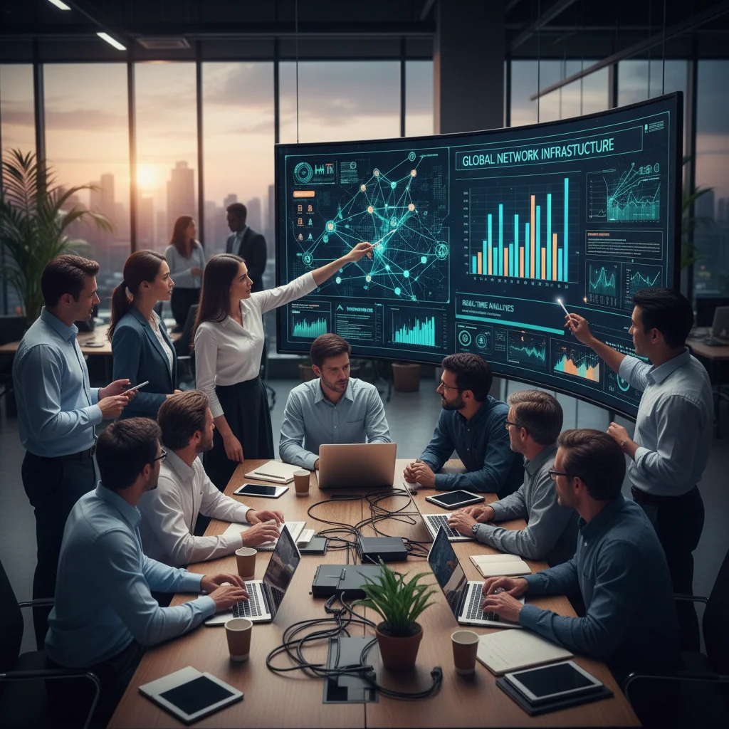 Equipo de ingenieros y especialistas en TI colaborando frente a una pantalla con arquitectura de red.