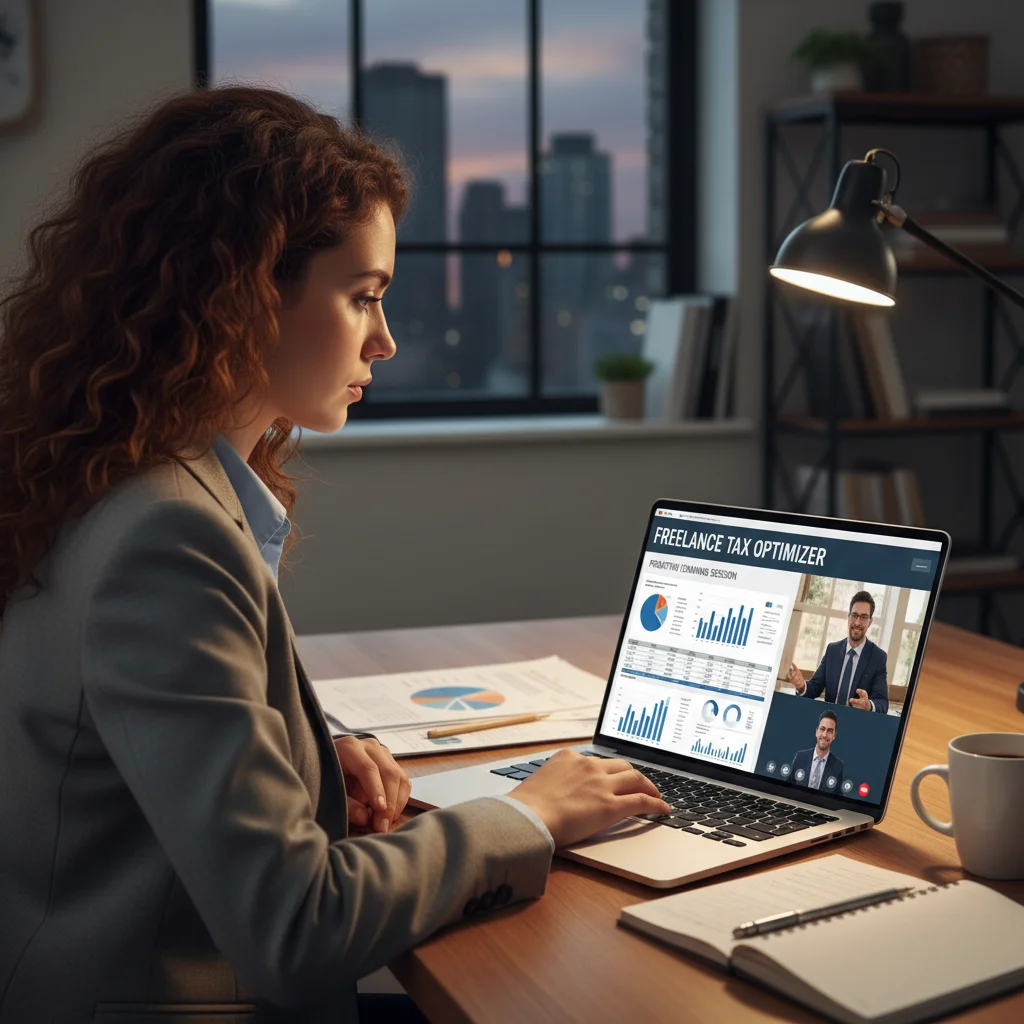 Autónomo planificando su estrategia fiscal online, con gráficos y datos financieros en pantalla.