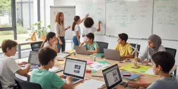 Estudiantes españoles colaborando en un proyecto de aprendizaje basado en proyectos en un aula moderna.