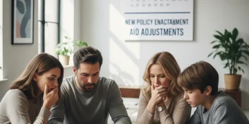 Familia preocupada revisando documentos sobre nuevos requisitos de ayudas de la Seguridad Social para 2026.