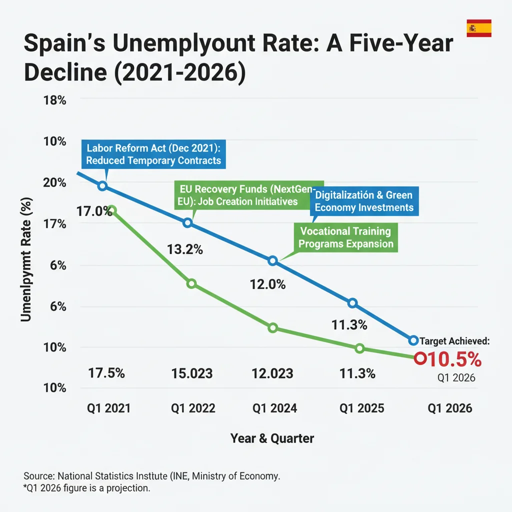 Gráfico de la evolución del desempleo en España, mostrando la tendencia decreciente hasta el 10,5% en 2026.