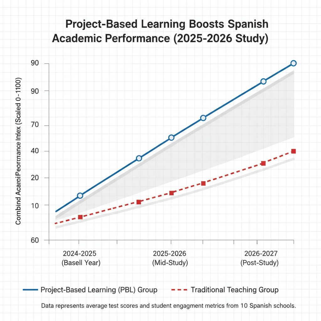 Gráfico que muestra la mejora del rendimiento académico con el aprendizaje basado en proyectos en escuelas españolas.