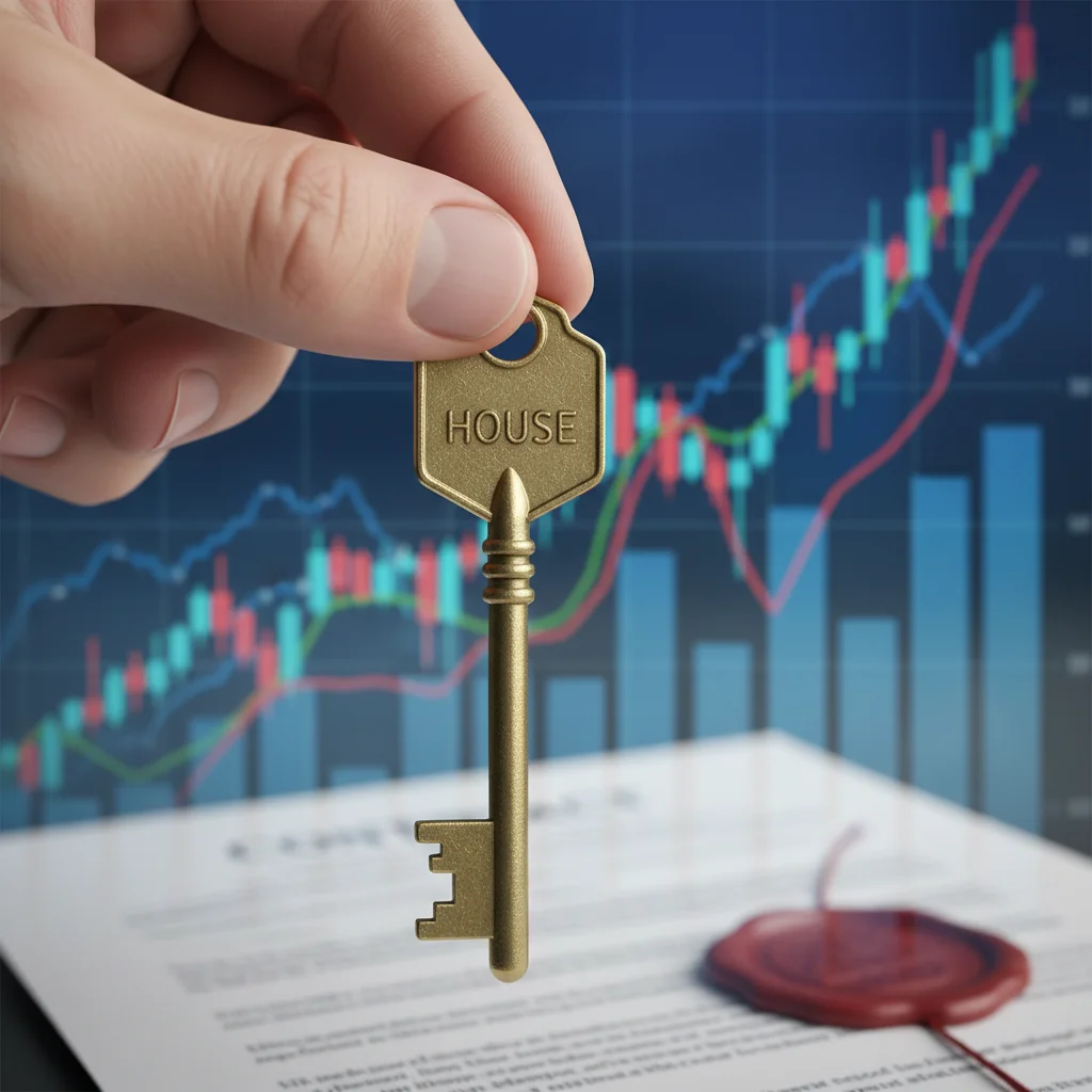 Mano sosteniendo una llave de casa con gráficos financieros y un contrato, simbolizando las transacciones inmobiliarias y la financiación.