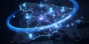 Mapa digital de España con líneas de conexión brillantes que representan la inversión en infraestructuras digitales.
