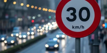 Señal de tráfico española con límite de velocidad y coche de policía al fondo, simbolizando la nueva normativa de tráfico 2026.