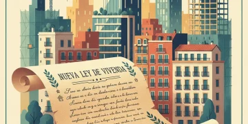 Skyline de ciudad española con edificios modernos y documento legal, simbolizando la nueva ley de vivienda de 2026.