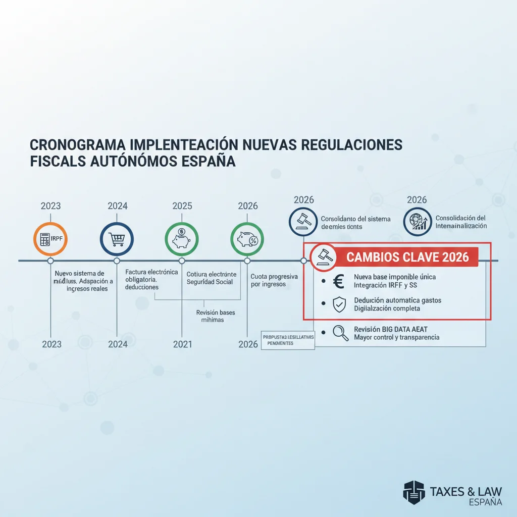 Infografía con línea de tiempo de cambios en las regulaciones fiscales para autónomos en España hasta 2026.