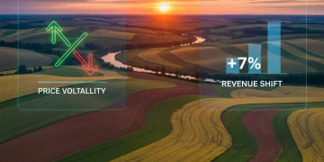 2026 Agricultural Outlook: Commodity Prices & Revenue Shift Panoramic view of agricultural fields with superimposed financial data representing 2026 agricultural outlook and revenue shift.