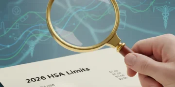 Hand with magnifying glass over 2026 HSA Limits document, financial planning for healthcare