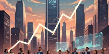 Illustration of financial growth chart against a city skyline, symbolizing inflation challenges in 2026.