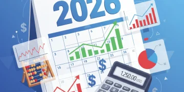 Financial calendar showing 2026 with tax documents and calculator, symbolizing tax planning.