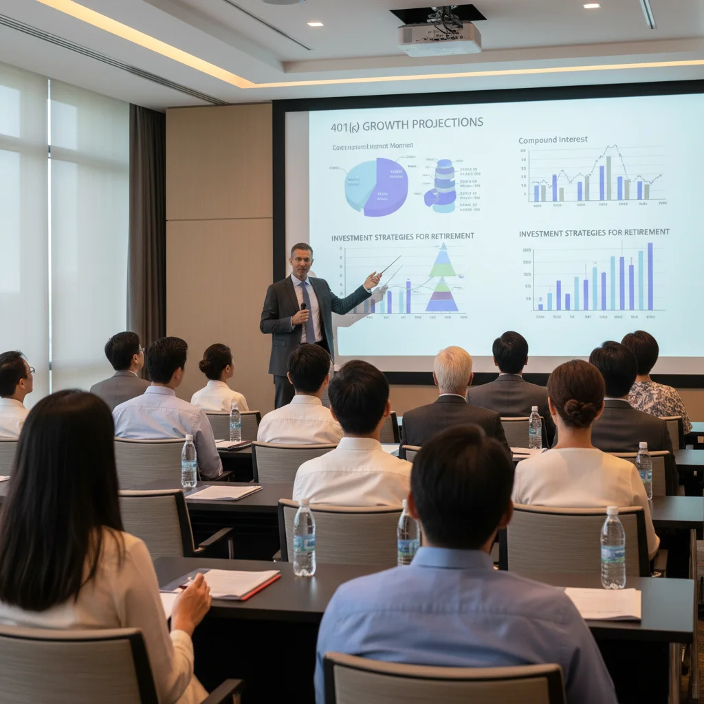 Diverse group of people learning about 401(k) growth at a financial seminar.